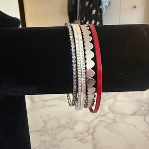 Stacked Silver and Red Women's Bangle Bracelet Set